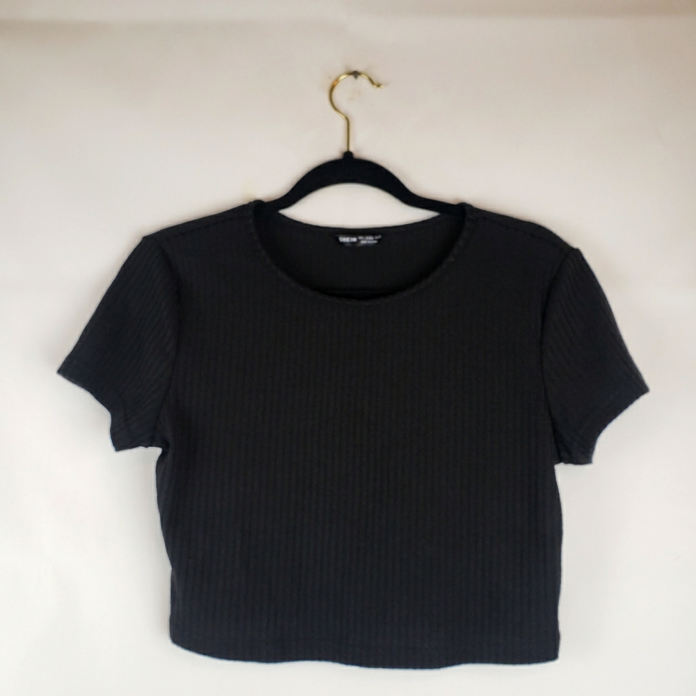 Shein Womens Cropped Fitted Black Blouse Stretch L